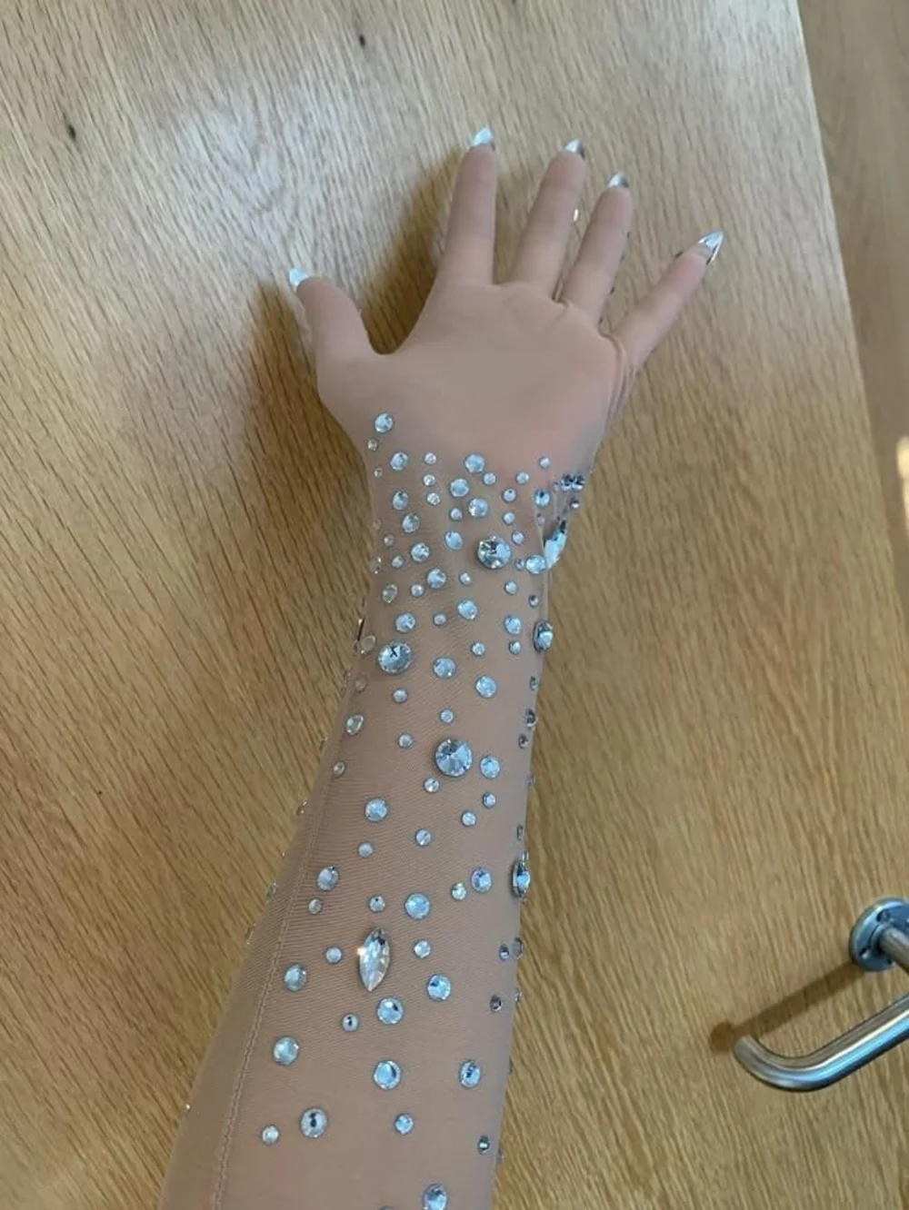 Luxe Crystal Embellished Nude Silver Sparkle Mesh Gloves